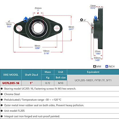 XIKE 2 Pcs UCFL205-16 Bore 1" Pillow Block Flange Mounted Ball Bearings. - size: UCFL205-16 Bore 1"