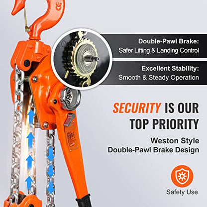 VEVOR Manual Lever Chain Hoist, 6 Ton 13200 lbs Capacity 20 FT Come Along, G80 Galvanized Carbon Steel with Weston Double-Pawl Brake, Auto Chain Leading & 360° Rotation Hook, for Garage Factory Dock - size: 6 Ton 20FT
