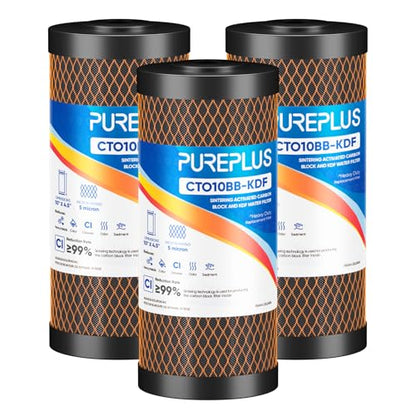 PUREPLUS 5 Micron 10"x4.5" Whole House Water Filter, KDF & Carbon, 3 Pack - size: 3 Count (Pack of 1), style: 5 Micron
