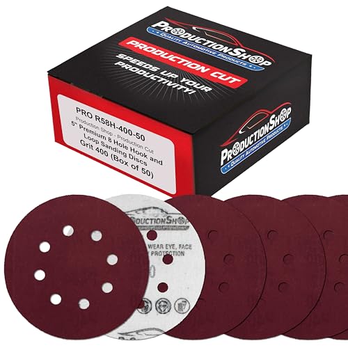 ProductionShop Premium 5" Red 8-Hole Pattern 400 Grit Sanding Discs, Box of 50 - Dustless Hook & Loop Backing Sandpaper for Random Orbital Sanders, Extra-Fine-Cut Abrasive - Woodworking, Auto Paint - style: 400 Grit