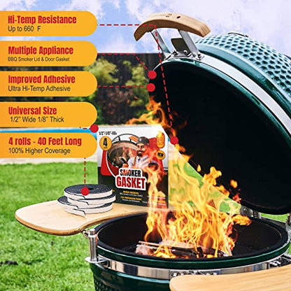 XXL 40 FT Grill Gasket for Smokers - Black 1/2’’ x 1/8’’ Hi Temp Seal Smoker Gasket – 4-Pack x 10 FT Self Stick Black Nomex Fire Tape BBQ Lid – Bbq Grill Smoker Accessories Gifts for Men - style: Universal Gasket - 40 FT