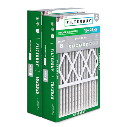 Filterbuy 16x25x5 Air Filter MERV 8 Dust & Allergy Defense (2-Pack) - size: 16x25x5 (Actual: 15.75 x 24.75 x 4.38)