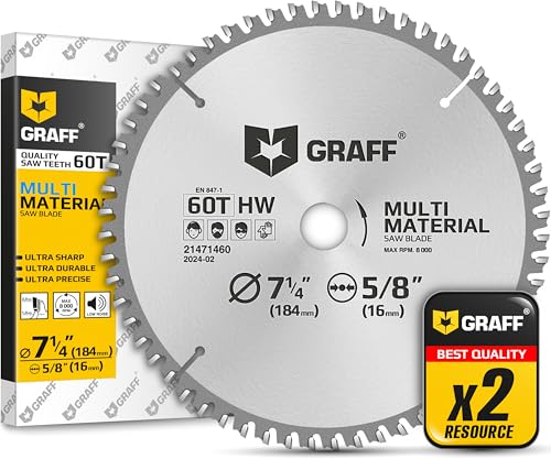 7-1/4" Circular Saw Blade - Chop Saw Blade for Metal, Wood Plywood Aluminum Drywall & Plastic 60T TCT Blade for Circular Table Miter & Cordless Saws 5/8 Inch Arbor No Heat No Sparks Burr Free GRAFF - size: Ø 7 ¼ Inch - 60T Multi, style: Multi Cutting Blad