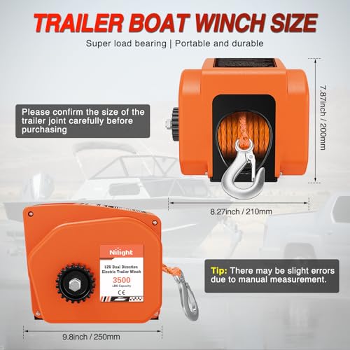 Nilight Boat Trailer Winch 3500 lbs Portable Electric Boat Winches 12 V DC Marine Winch with Synthetic Rope Remote Control Hand Crank Power-In Freewheel Waterproof Winch for Boat Trailer Towing Orange - color: Orange, size: Synthetic Rope