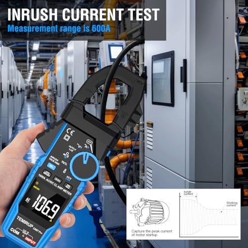 Digital Clamp Meter Multimeter with Inrush | AC DC Current Amp Meter,1000A True RMS,6000 Counts,VFD, LOZ Mode, Voltmeter, Continuity Tester Capacitor, Measures Current Voltage Temperature