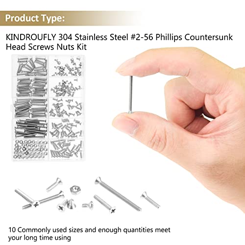 242 Pieces #2-56x 5/32", 3/16", 1/4", 5/16", 3/8", 1/2", 5/8", 3/4", 1", Phillips Countersunk Head Machine Screws Nuts Assortment Kit, 304 Stainless Steel, Fully Machine Thread - size: #2-56