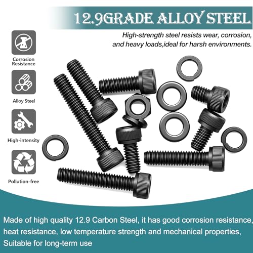 mxuteuk 204PCS M6 Screws,M6x8/10/12/16/20/25/30/35mm Hex Socket Head Cap Bolts with Nuts & Washers,12.9 Grade Alloy Steel Black Zinc Screws Assortment Kit for 3D Printing,DIY - size: 204PCS M6
