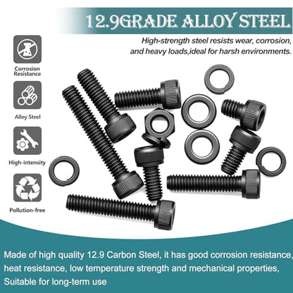 mxuteuk 204PCS M6 Screws,M6x8/10/12/16/20/25/30/35mm Hex Socket Head Cap Bolts with Nuts & Washers,12.9 Grade Alloy Steel Black Zinc Screws Assortment Kit for 3D Printing,DIY - size: 204PCS M6