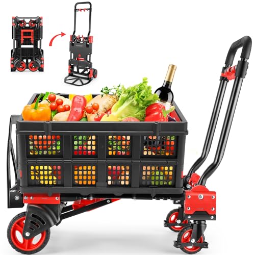 Folding Hand Truck Dolly,330lb Cart+1 Folding Basket,4 to2 Wheel Moving Red - size: 330LB Red