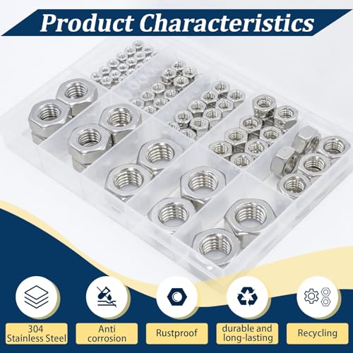 Metric Hex Nuts Assortment Kit 130Pcs Stainless Steel（M3-M12） Nut - size: Metric-130