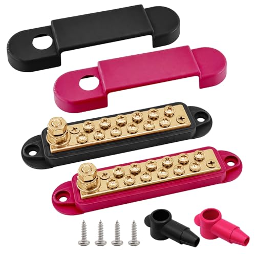 Ampper 1/4" Stud Brass Power Distribution Block BusBar 12 x #8 Screw, R & B - color: Red & Black, size: Brass