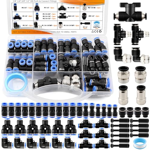 60Pcs 1/4" OD Push to Connect Fittings Kit,Quick Connect Pneumatic Fittings - color: 60Pcs-blue