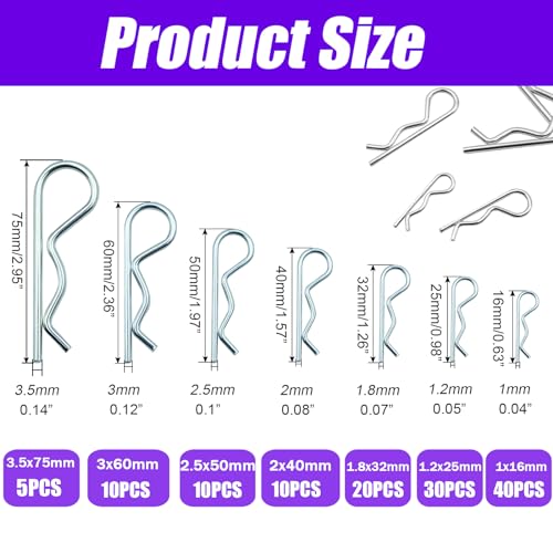125PCS Cotter Pin Assortment Kit, Zinc Plated Steel R Clip Cotter Pins Set, Split Pin Fastener Clips for Car Mechanics, Lawn Mowers, Trucks, Tractors Repair - size: 125PCS-R Clips