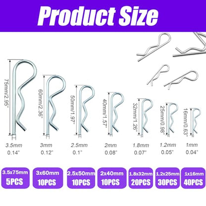 125PCS Cotter Pin Assortment Kit, Zinc Plated Steel R Clip Cotter Pins Set, Split Pin Fastener Clips for Car Mechanics, Lawn Mowers, Trucks, Tractors Repair - size: 125PCS-R Clips