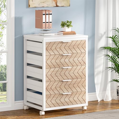 Tribesigns 5-Drawer File Cabinet, Wood Mobile Storage Unit, Beige & White - color: Beige & White, size: 5 Drawer