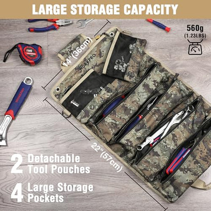 WORKPRO Roll Up Tool Bag, Tool Roll Organizer, 4 Pockets & 2 Pouches, Camo - color: Camo