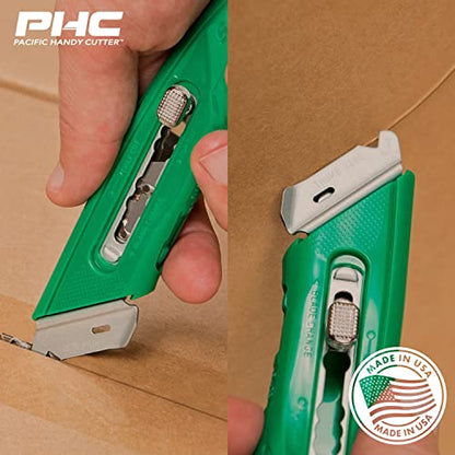 Pacific Handy Cutter S4R Safety Cutter, Retractable Utility Knife with an Ergonomical Design, Bladeless Tape Splitter, Steel Guard for Safety and Damage Protection, for Warehouse and In-Store Cutting , Green - style: S4R Safety Cutter