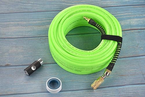 RayMagic Air Compressor Hose 1/4 Inch x 100 Feet Flexible Reinforced Polyurethane (PU) Air Hose 300PSI With Brass Fittings, Strain Reliefs, 1/4" 360 Swivel Coupler and Plug,1PCS Safety Coupler - color: Green