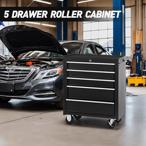 5-Drawer Rolling Tool Chest w/Drawers & Lock, Tool Storage Cabinet with Lockable Wheels, Top Cushion & Drawer Liners, Tool Organizer Box for Garage, Warehouse & Repair Sho - color: 5-drawer Black