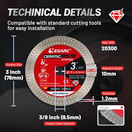 EZARC 3 Inch Super Thin Diamond Tile Blade, 3/8" Arbor, 2-Pack - size: 3 Inch
