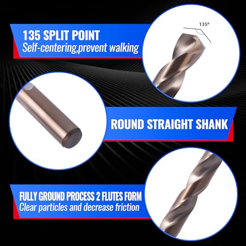13PCS Cobalt Drill Bit Set, M35 HSS 135° Split Point Twist Jobber Length Drill Bits for Cast Iron, Stainless Steel, Aluminum, Wood & Plastic, with Metal Storage Case (1/16"-1/4")