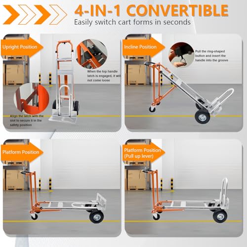 Folding Hand Truck Dolly, 4 in 1 Convertible Aluminum Cart with 1000 lb Static Capacity, 10 in Pneumatic Wheels and 51 in Platform for Warehouse, Construction and Moving - color: Orange