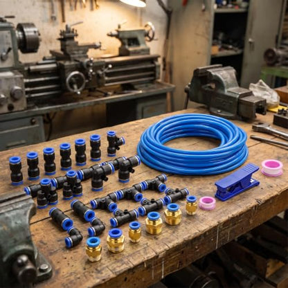 34PCS Blue PU Air Hose Pipe Tube Kit, 12mm OD 8mm ID, 50FT - color: Blue, size: 12mm OD x 50FT