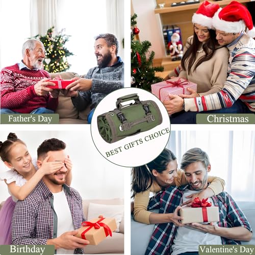 Heavy Duty Roll Up Tool Bag Organizer w/Detachable Pouches, Gifts for Men - color: Green