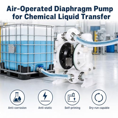 1" PP Pneumatic Double Diaphragm Pump, Air-Powered Chemical Transfer Pump, Anti-Corrosion, Anti-Static, Self-Priming, Dry-Run Capable for Corrosive Fluids,electroplating solution - size: QBY4-25PP+PTFE 35GMP