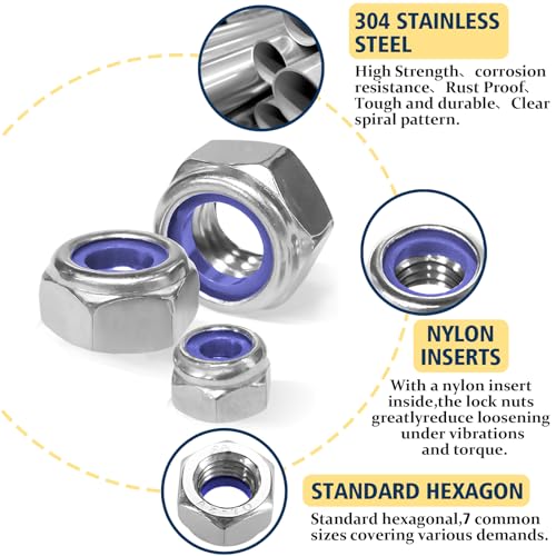Metric Lock Nut Assortment Kit,140Pcs Stainless M3-M12 Locking Nuts - size: Metric Locknuts, 140 Pcs
