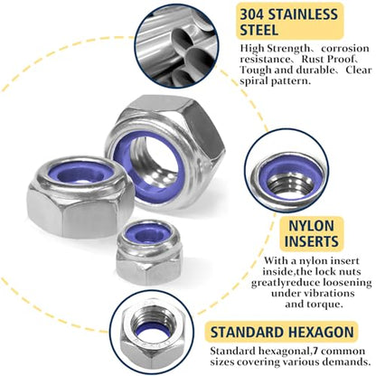 Metric Lock Nut Assortment Kit,140Pcs Stainless M3-M12 Locking Nuts - size: Metric Locknuts, 140 Pcs