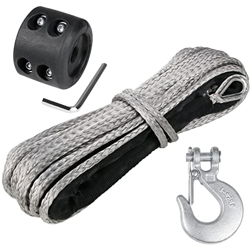 1/4" Synthetic Winch Rope 50 ft 10,000 lb UHMWPE Winch Cable Replacement Kit with Steel Hook, Rubber Stopper, Protective Sleeve, Compatible with ATV UTV Truck Winches, Gray - color: Gray, size: 1/4 In x 50 Ft with Hook