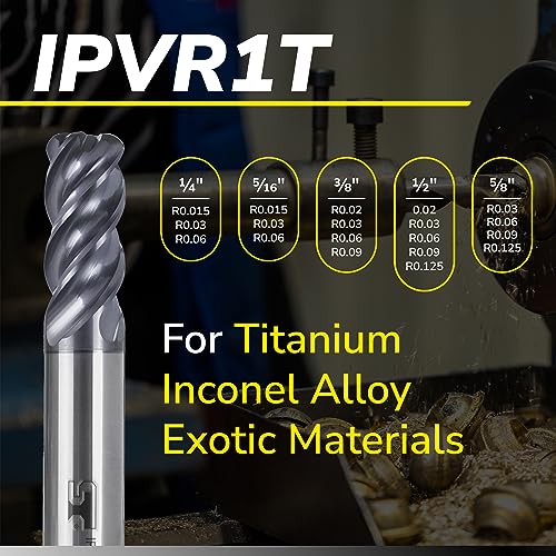 SPEED TIGER Carbide Corner Radius End Mill - 4 Flute - IPVR1T3/8 0.03" 4 (1 Piece, R0.03, 3/8") - Unequal Flute Spacing & Helix Design - for Titanium - Mill Bits Sets for DIYers & Professionals - size: 3/8 in, style: R0.03