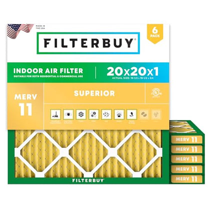 Filterbuy 20x20x1 Air Filter MERV 11 Pet & Allergy Defense (6-Pack) - size: 20x20x1