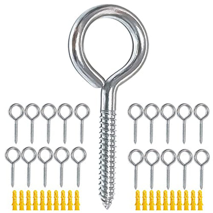 Pack of 20 Metal Hook Heavy-Duty Eye Screws, 304 Stainless Steel Screw Hooks, self-Tapping Eye Ring Bolt Hooks, Wood Terminal Eye Hole Hooks, Pendant Lights Wires, Strong Indoor - size: 20 Pack - 2-3/4"