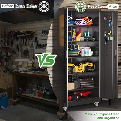 71 in. Garage Storage Cabinet with Wheels, 5 Shelves, Black - color: Black, size: 16"D x 32"W x 71"H