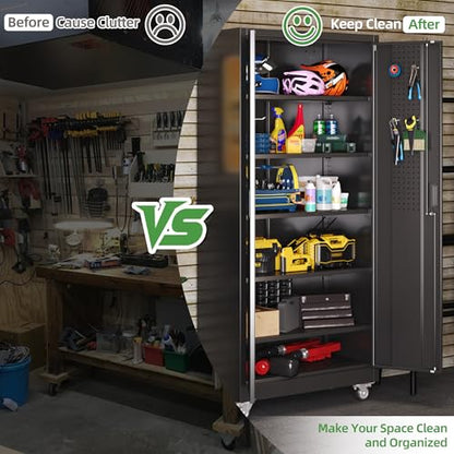 71 in. Garage Storage Cabinet with Wheels, 5 Shelves, Black - color: Black, size: 16"D x 32"W x 71"H