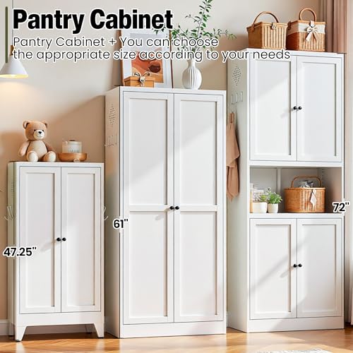 AQY Metal Pantry Cabinet, 72" White Kitchen Storage Cabinet with Doors - color: White, style: H72" - 4 Doors Wire Hole Hooks & Vents