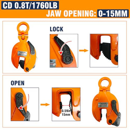 Vertical Plate Clamp 1760Lbs, 0.8 Ton Load Capacity Vertical Lifting Clamps, Heavy Duty Flexible Ring Sheet Metal Steel Clamps, Jaw Opening up to 0.6 inch Welding clamps, for Lifting and Transporting
