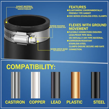 2 Pcs 1 Inch Flexible TPE Coupling with Stainless Steel Clamps - size: 1 Inch