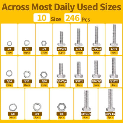 246Pcs Hex Bolts and Nuts Assortment Kit,1/4-20,5/16-18,3/8-16 Stainless Steel Assorted Hex Head Bolts and Nuts,Flat & Lock Washers Set,Fully Threaded,for Home, Auto,Electronic & Industrial Repair - size: 1/4,5/16,3/8