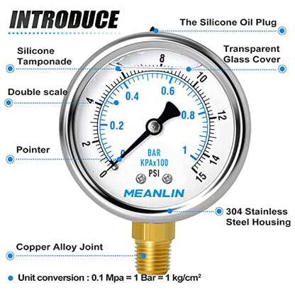 MEANLIN MEASURE 0~15Psi Stainless Steel 1/4" NPT 2.5" FACE DIAL Liquid Filled Pressure Gauge WOG Water Oil Air Lower Mount (Pack of 2), with 1/2" NPT and 3/8" NPT Hex Bushing - size: 0-15Psi (2Pcs)