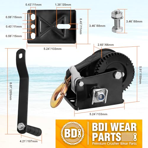 BDI Wear Part 2Pk Boat Winch,1200 lbs Hand Boat Trailer Winch Rope Crank with 23 ft Polyester Strap and Two-Way Ratchet, Manual Operated Hand Crank Winch for Trailer, Boat or ATV Towing