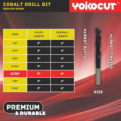 17/32 Inch Cobalt Drill Bit | Reduced Shank High Speed Steel | 17/32 Drill Bit for Stainless Steel and Hardened Metal | HSS M35 Titanium Aluminum Nitride Coating with 1/2" Shank - size: 17/32 Inch