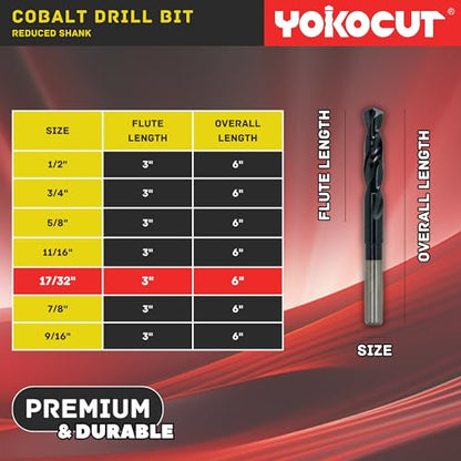 17/32 Inch Cobalt Drill Bit | Reduced Shank High Speed Steel | 17/32 Drill Bit for Stainless Steel and Hardened Metal | HSS M35 Titanium Aluminum Nitride Coating with 1/2" Shank - size: 17/32 Inch