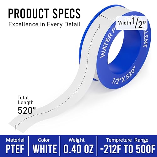 D-NYX 4 Rolls 1/2 Inch(W) X 520 Inches(L) Teflon Plumbers Tape, Duct Sealant Tape for Shower Head, Plumbing Thread Tap, Water Pipe Sealing Plumbers PTFE Thread Seal (5 Pack) - size: 5 Pack