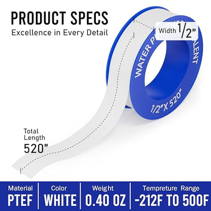 D-NYX 4 Rolls 1/2 Inch(W) X 520 Inches(L) Teflon Plumbers Tape, Duct Sealant Tape for Shower Head, Plumbing Thread Tap, Water Pipe Sealing Plumbers PTFE Thread Seal (5 Pack) - size: 5 Pack
