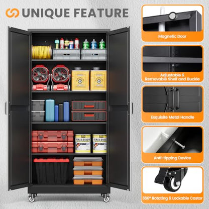 75" Tall Wheeled Garage Storage Cabinet, Rolling Metal Tool Cabinets. - color: Black, size: 75"H x 32"W x 16"D-A