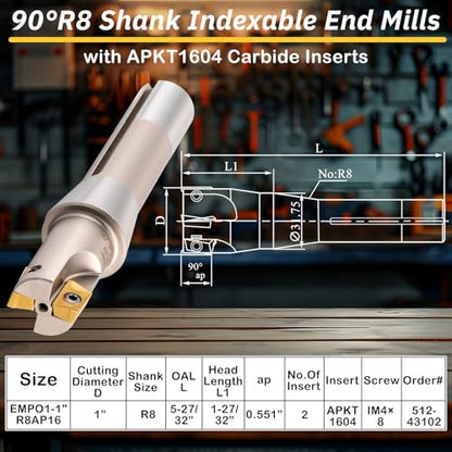 Duraaamo R8 Shank Indexable End Mill 1'' Diameter by 5-27/32'' Oal 90 Degree High Speed Milling Cutter with 2 Aptk1604 Carbide Inserts Industrial Tools - color: 1'' Diameter by 5-27/32'' Oal