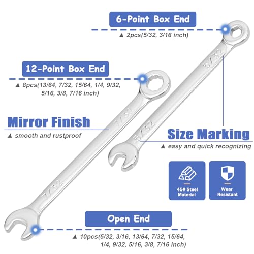 Mesee Small Wrench Set, 10 Pieces SAE Open End and Box End Combination Wrenches 5/32"-7/16" Mini Ignition Wrench Ratchet Spanner Repair Tools for Automotive Industry Electronics Mechanic Home